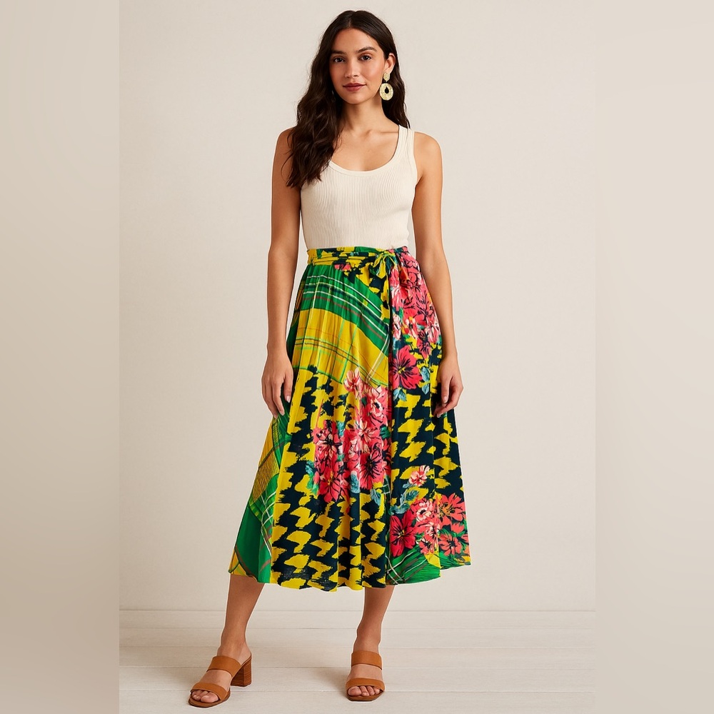 7TH AVENUE DESIGN STUDIO New York & Company Multicolor Floral Wrap Pleated Skirt